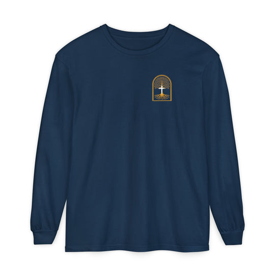 Noah to Adam Long Sleeve T-Shirt, featuring a gold tree of life graphic on navy-blue, offering a relaxed fit with 100% ring-spun cotton.