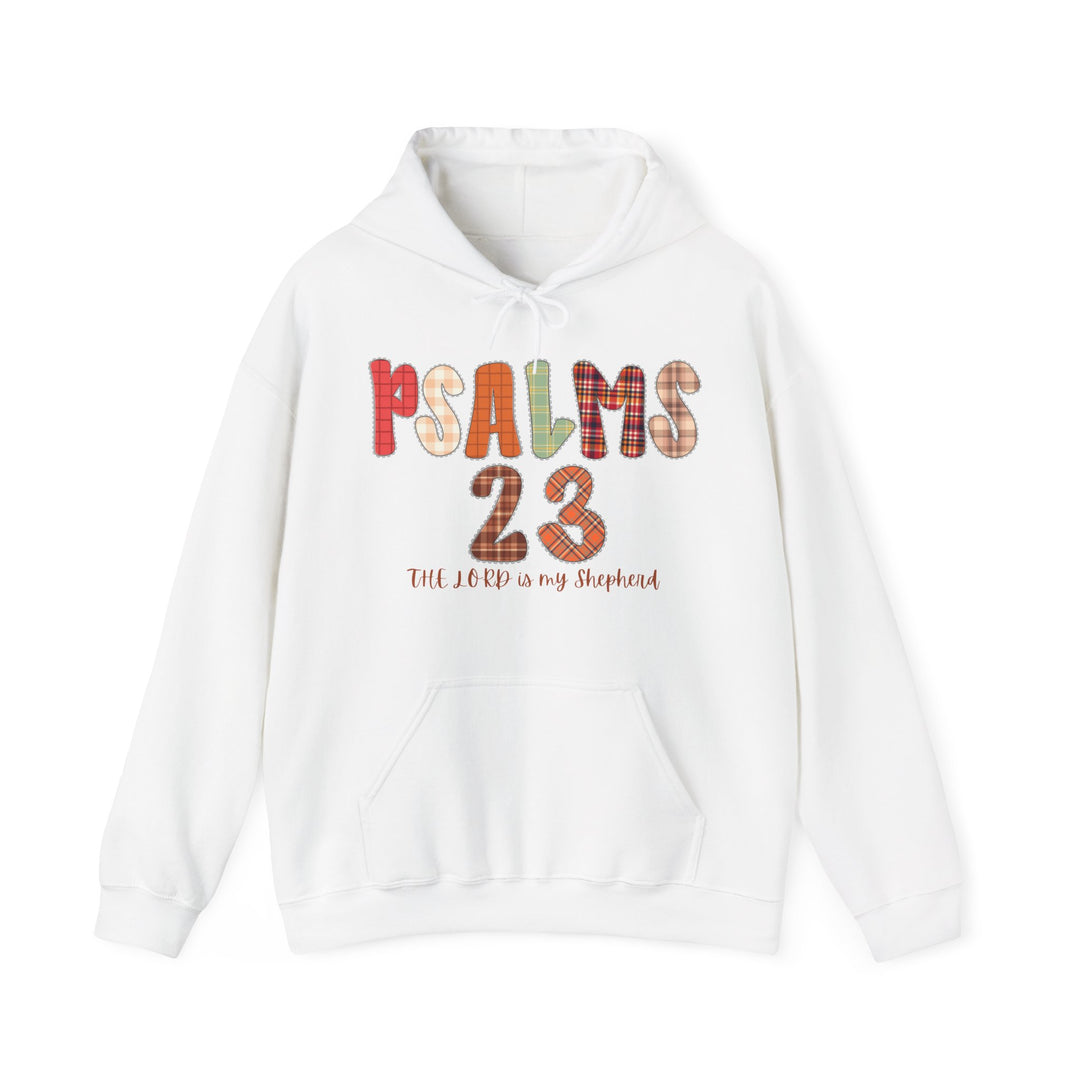 White pullover hoodie with PSALMS 23 and The Lord is my Shepherd in colorful letters, featuring a kangaroo pocket and drawstring hood.