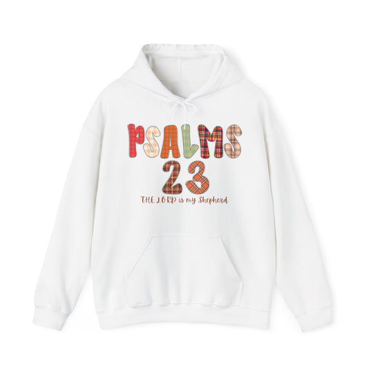 White pullover hoodie with PSALMS 23 and The Lord is my Shepherd in colorful letters, featuring a kangaroo pocket and drawstring hood.