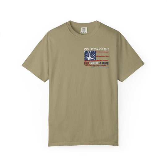 Crew neck khaki Comfort Colors tee with a distressed American flag and 'Courtesy of the Red, White & Blue' graphic, celebrating 250th anniversary, short sleeves.