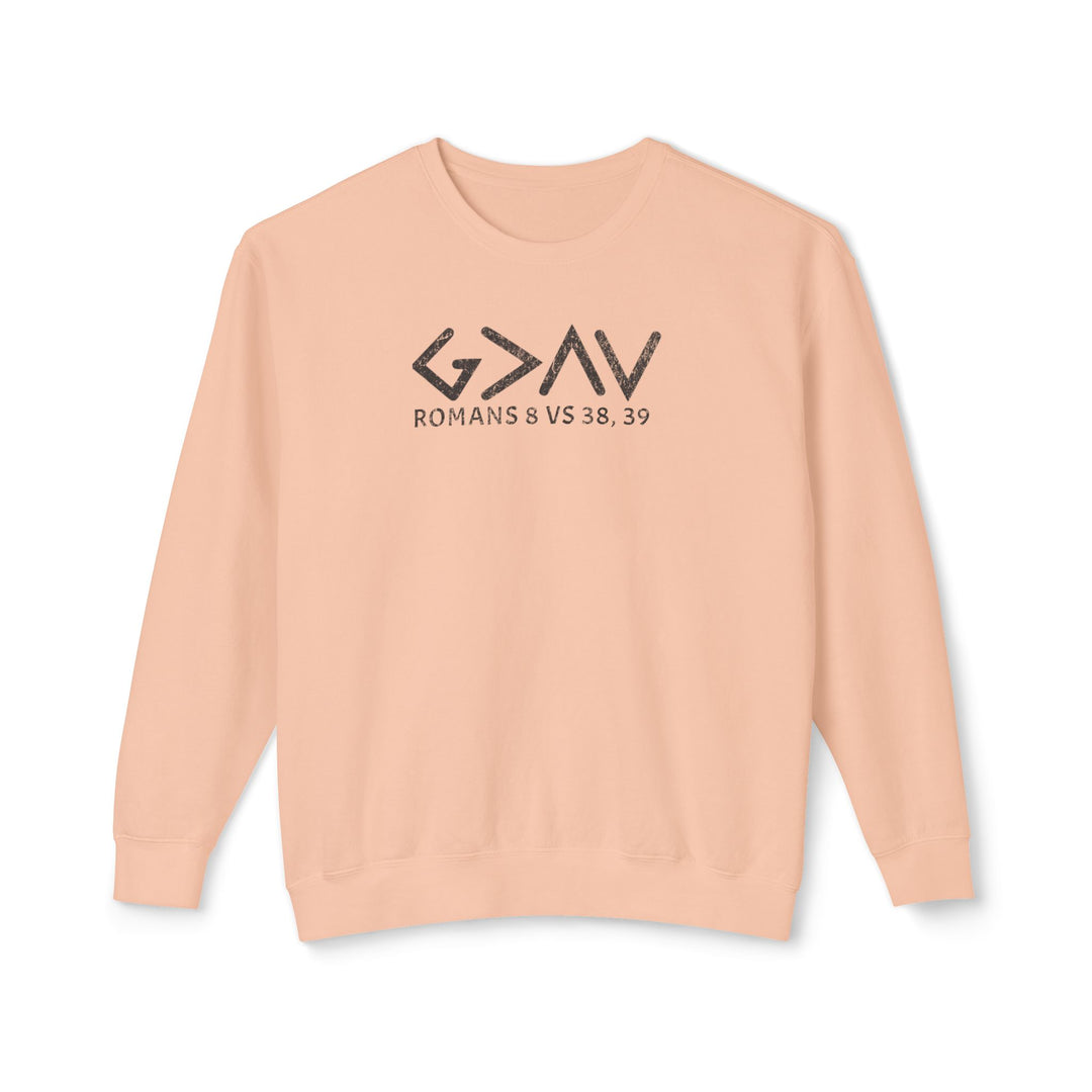 God is Greater Sweatshirt featuring black text on a pink background, made from soft, 100% ring-spun cotton with a relaxed fit and sustainable sourcing.