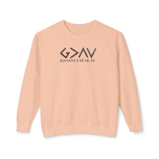 God is Greater Sweatshirt featuring black text on a pink background, made from soft, 100% ring-spun cotton with a relaxed fit and sustainable sourcing.