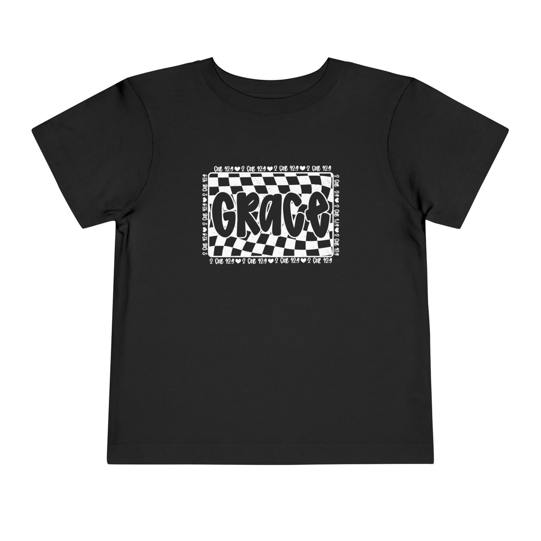 Grace Toddler Tee: Black shirt with a checkered design, 100% cotton, short sleeves, tear-away label. Perfect for everyday wear by toddlers.