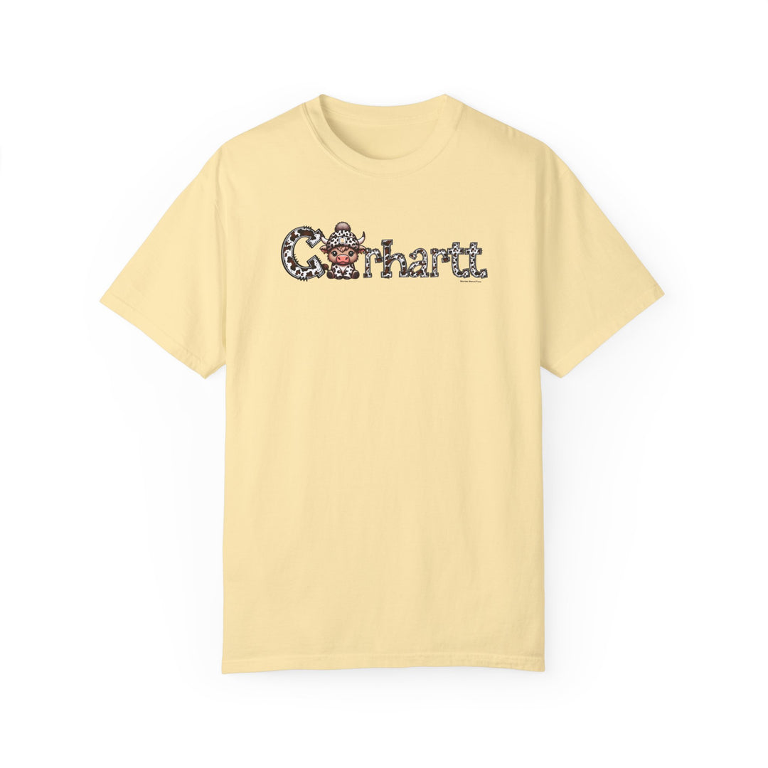 A relaxed fit Cowhartt Cow Tee, 100% ring-spun cotton, garment-dyed for coziness. Double-needle stitching, no side-seams for durability and shape retention. Sizes S-4XL.