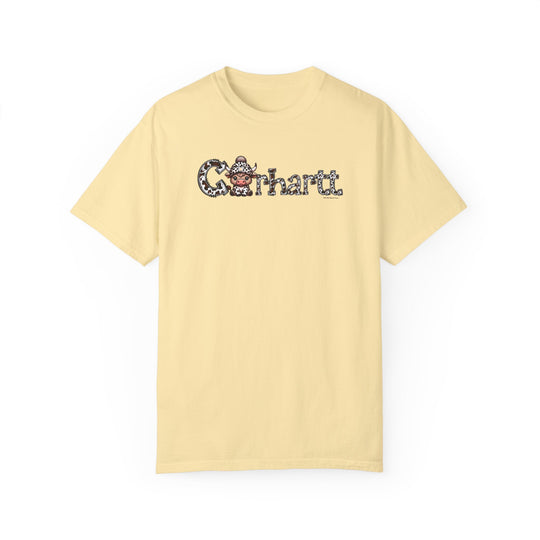 A relaxed fit Cowhartt Cow Tee, 100% ring-spun cotton, garment-dyed for coziness. Double-needle stitching, no side-seams for durability and shape retention. Sizes S-4XL.