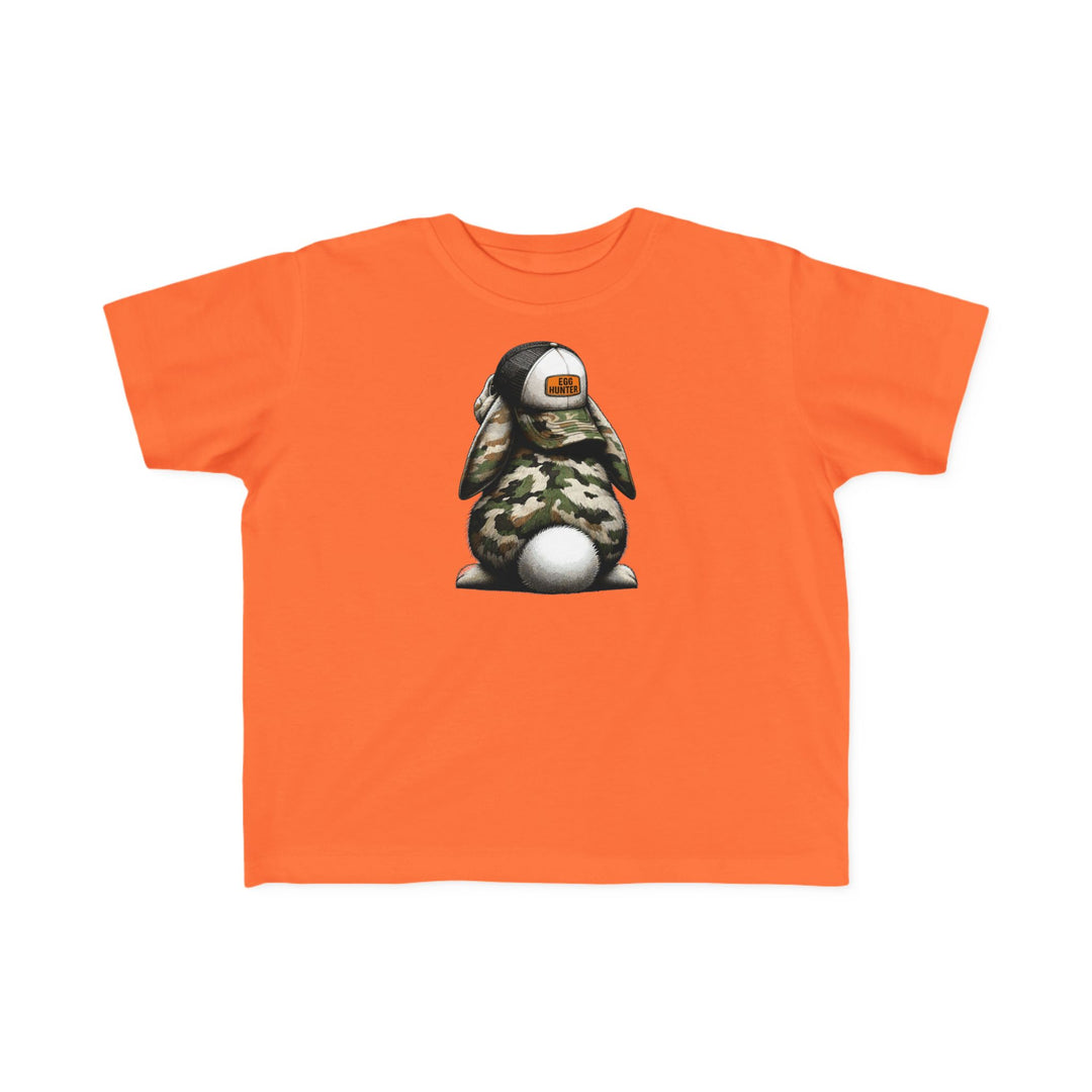 Egg Hunter Kids Tee featuring a cartoon rabbit in a hat, designed for toddlers with soft, high-quality cotton and durable print, perfect for playful adventures.