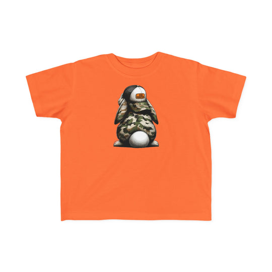 Egg Hunter Kids Tee featuring a cartoon rabbit in a hat, designed for toddlers with soft, high-quality cotton and durable print, perfect for playful adventures.