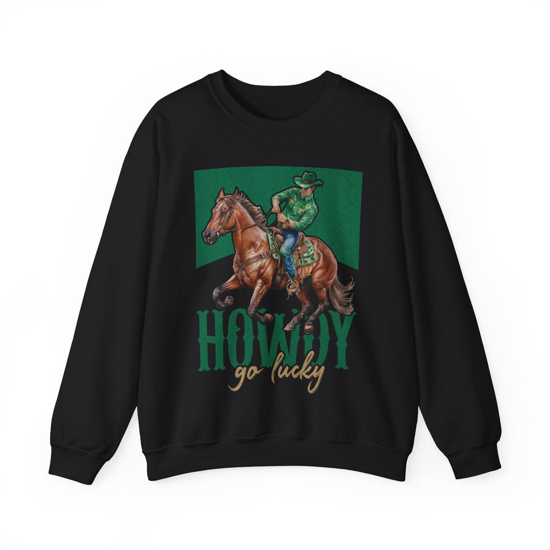 Howdy Go Lucky Crew sweatshirt featuring a cowboy riding a horse, designed for comfort with a ribbed collar and a cotton-polyester blend.