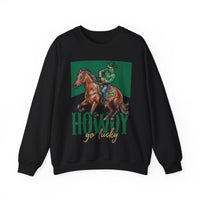 Howdy Go Lucky Crew sweatshirt featuring a cowboy riding a horse, designed for comfort with a ribbed collar and a cotton-polyester blend.