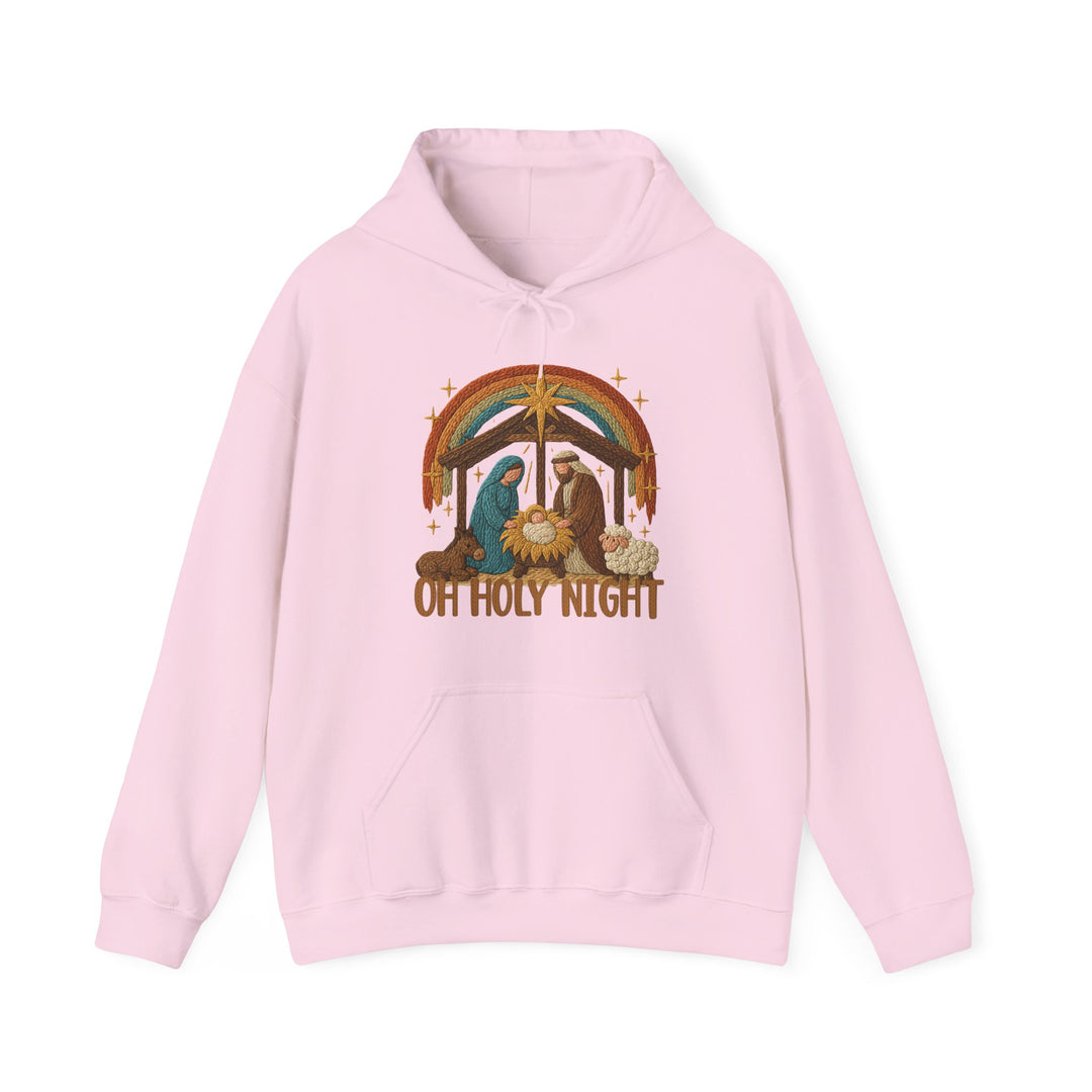 Oh Holy Night Hoodie featuring an embroidered nativity scene under a rainbow arch, with OH HOLY NIGHT text, combining comfort and style for cold days.