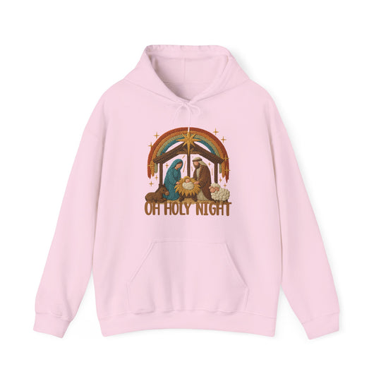 Oh Holy Night Hoodie featuring an embroidered nativity scene under a rainbow arch, with OH HOLY NIGHT text, combining comfort and style for cold days.
