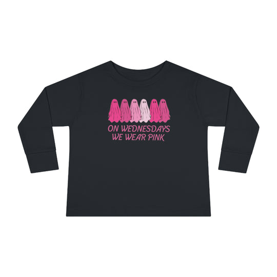 Toddler black long-sleeve tee with pink and white ghost design. Made of 100% combed ringspun cotton, featuring ribbed collar and EasyTear™ label for sensitive skin. From 'Worlds Worst Tees'.