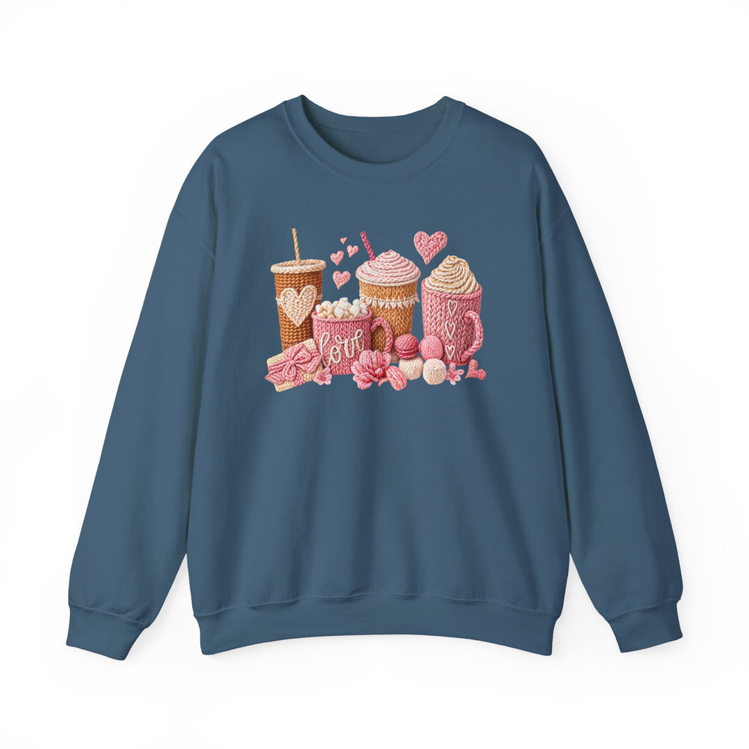 Coffee Love Crew sweatshirt featuring a yarn-inspired graphic with knit cups and accessories, combining comfort with playful design, perfect for casual wear.