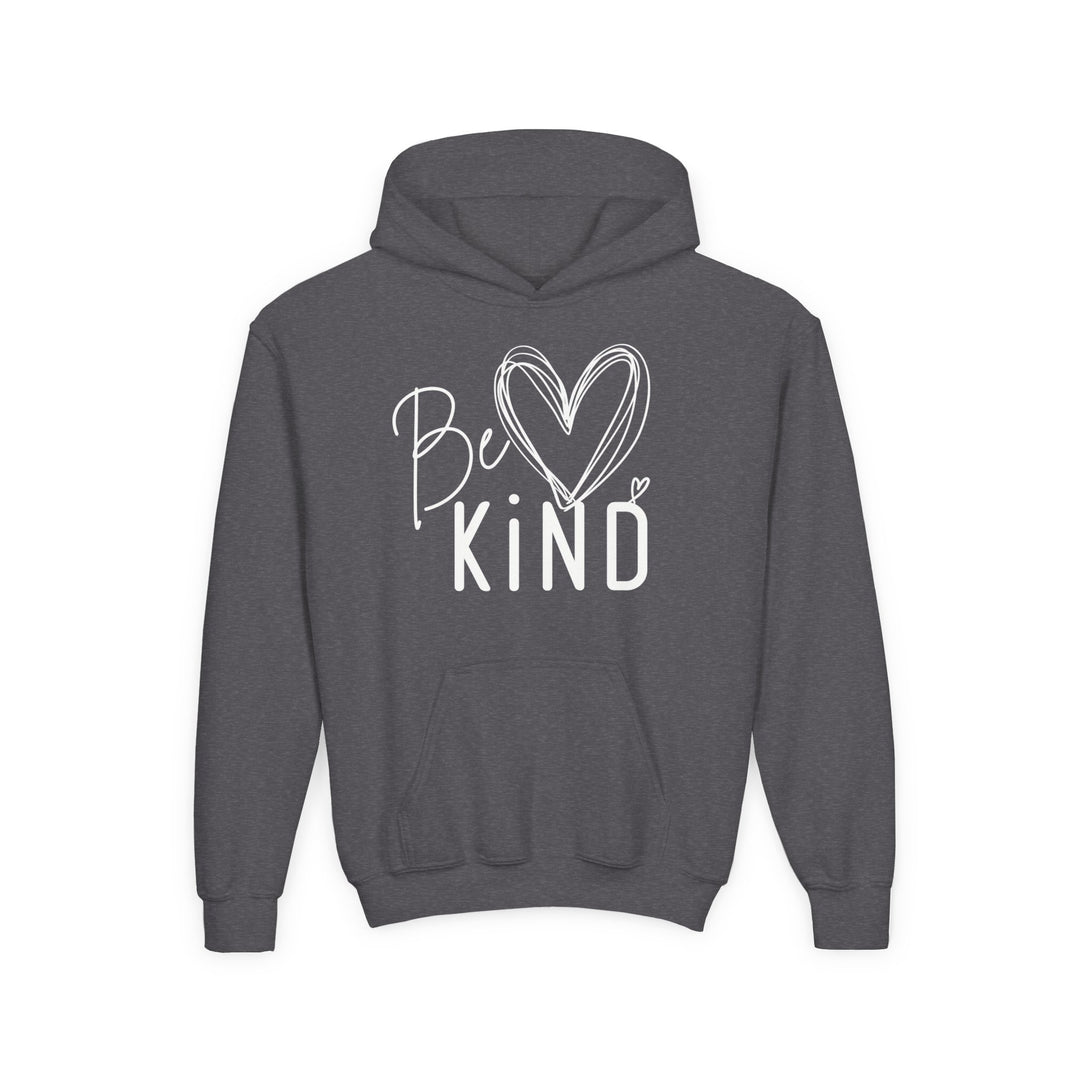 Be Kind Youth Hoodie in dark-charcoal gray with white script, featuring a kangaroo pocket. Soft, 50% cotton, 50% polyester blend, ideal for comfortable wear.