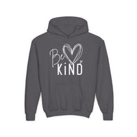 Be Kind Youth Hoodie in dark-charcoal gray with white script, featuring a kangaroo pocket. Soft, 50% cotton, 50% polyester blend, ideal for comfortable wear.