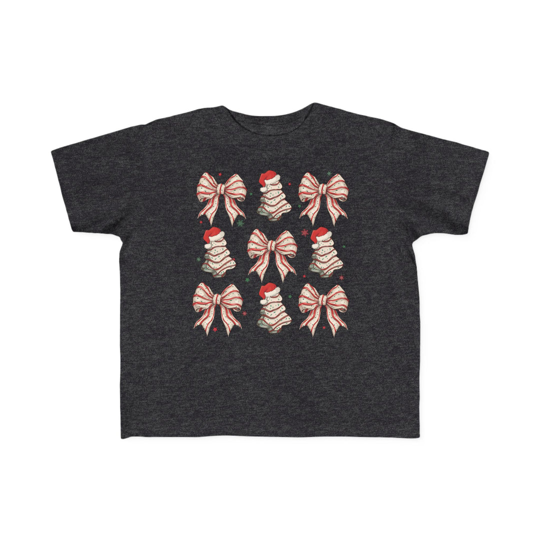 Cookies and Bows Toddler Tee: Charcoal T-shirt featuring festive bows and Christmas-tree motifs, perfect for toddlers' comfort with soft, durable cotton.