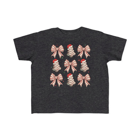Cookies and Bows Toddler Tee: Charcoal T-shirt featuring festive bows and Christmas-tree motifs, perfect for toddlers' comfort with soft, durable cotton.