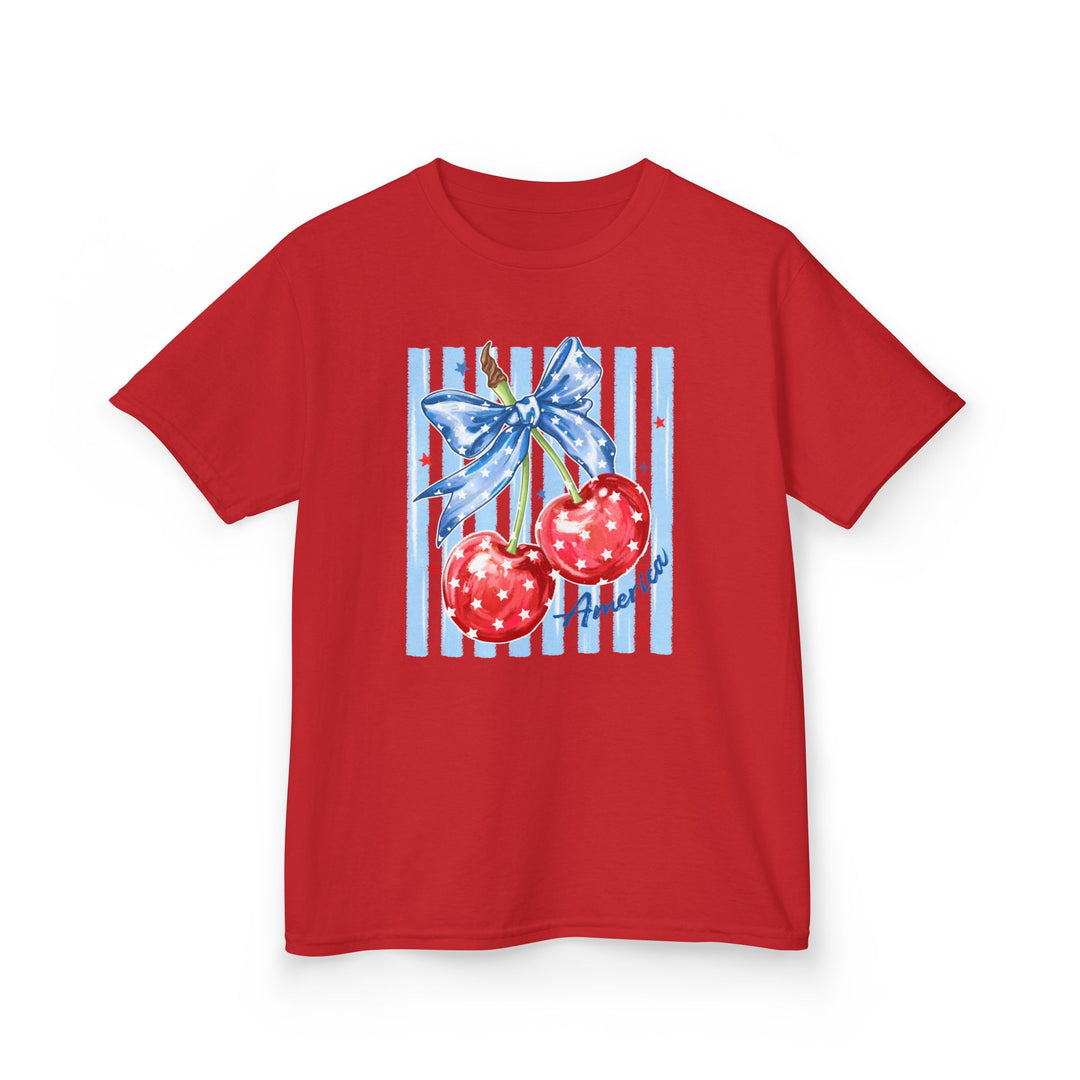 American Cherry Kids Tee featuring glossy cherries with a starry blue bow and America on red and light-blue stripes, ideal for everyday use.