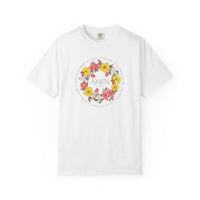Amen Tee: A white t-shirt featuring a floral design, made from 100% ring-spun cotton, offering a relaxed fit and durable construction for everyday wear.