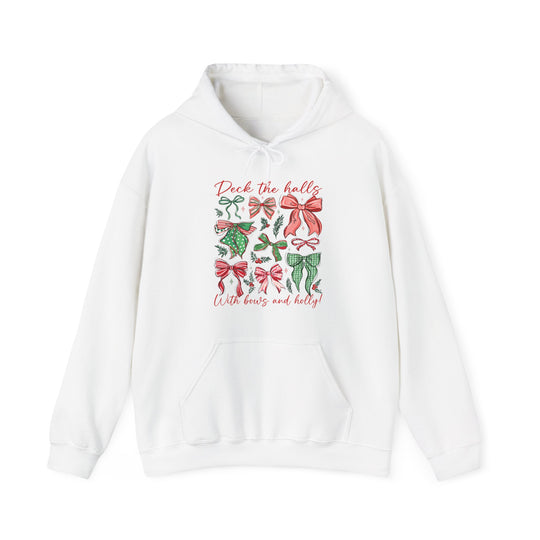 Deck the Halls Hoodie: White pullover featuring festive bows and holly graphic with Deck the halls script, ideal for cozy winter wear.