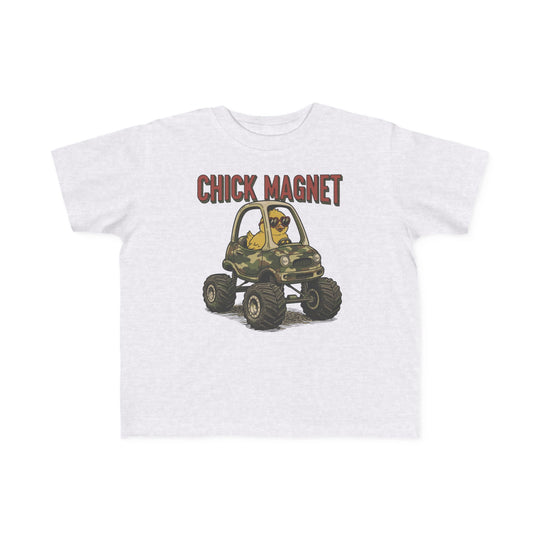 Chick Magnet Toddler Tee featuring a cartoon chick in sunglasses driving a camouflage monster truck, perfect for toddlers with its soft, durable cotton fabric.