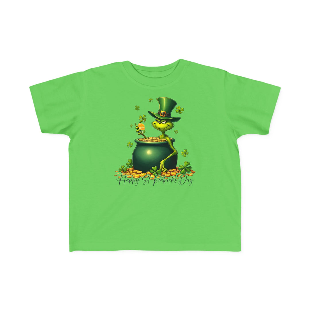 Grinchy St Patrick's Day Toddler's Tee featuring a cartoon leprechaun and pot of gold, ideal for sensitive skin with a durable print.