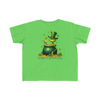 Grinchy St Patrick's Day Toddler's Tee featuring a cartoon leprechaun and pot of gold, ideal for sensitive skin with a durable print.