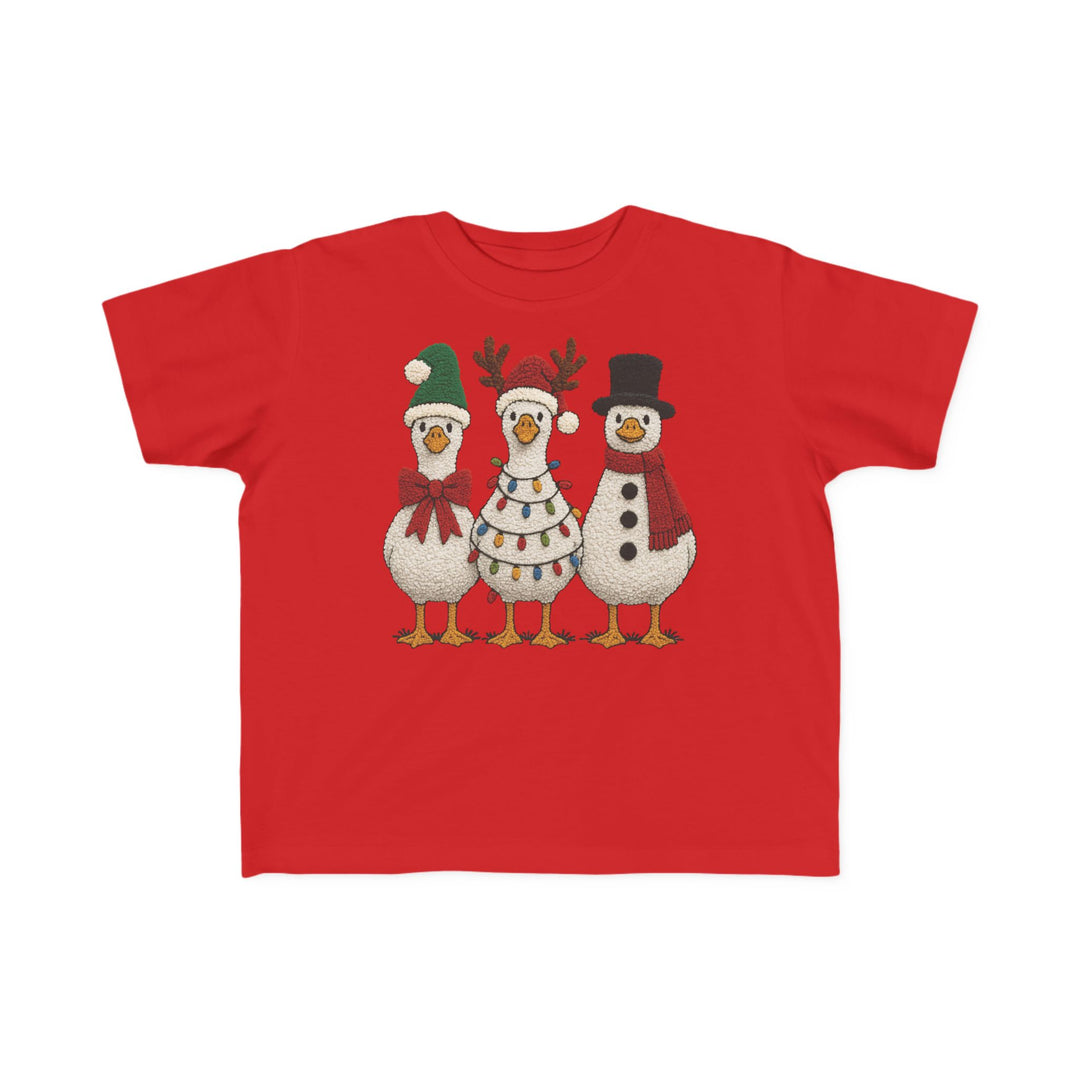 Christmas Ducks Toddler Tee featuring three festive birds dressed as Santa, reindeer, and snowman, perfect for toddlers' sensitive skin with its soft cotton fabric.