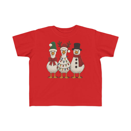Christmas Ducks Toddler Tee featuring three festive birds dressed as Santa, reindeer, and snowman, perfect for toddlers' sensitive skin with its soft cotton fabric.