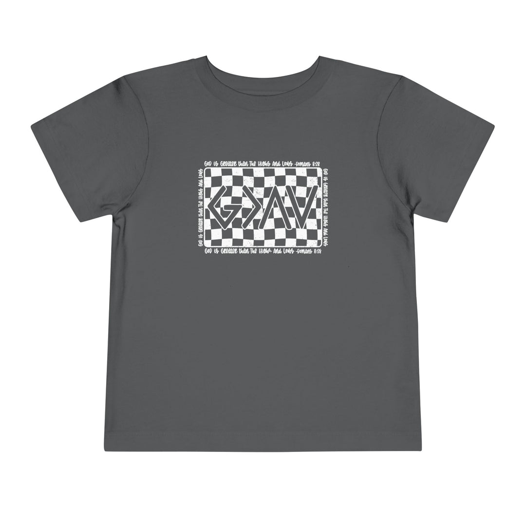 Gods Highs and Lows Toddler Tee features a grey t-shirt with a black and white checkered design, crafted from 100% Airlume cotton for comfort.