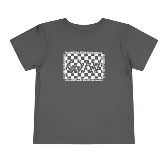 Gods Highs and Lows Toddler Tee features a grey t-shirt with a black and white checkered design, crafted from 100% Airlume cotton for comfort.