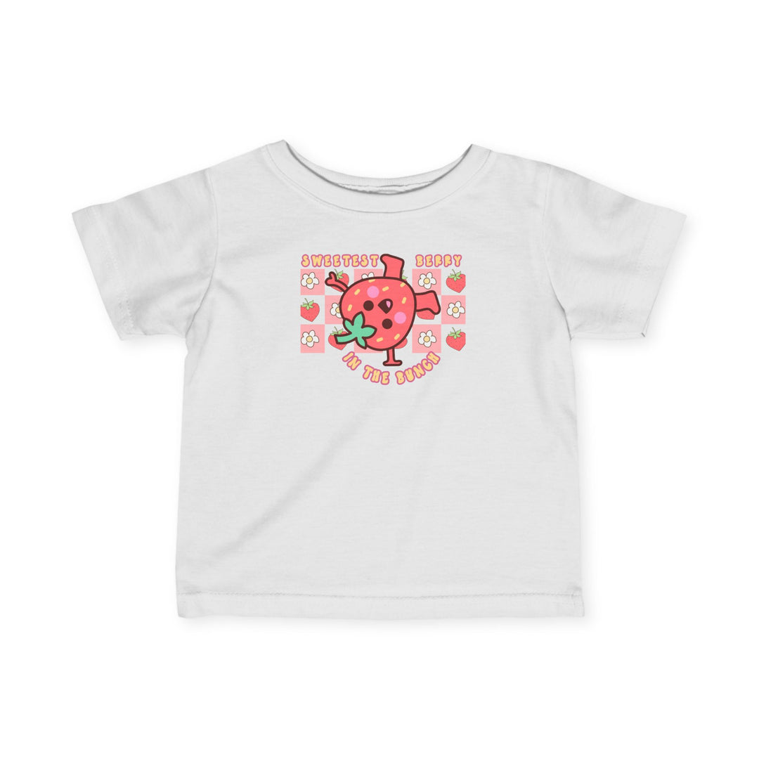 Sweetest Berry in the Bunch Baby Tee, featuring a classic fit with durable side seams and ribbed knitting, designed for comfort and longevity in infant sizes.