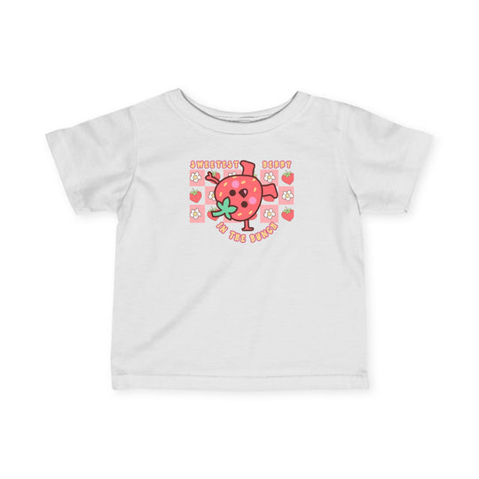 Sweetest Berry in the Bunch Baby Tee, featuring a classic fit with durable side seams and ribbed knitting, designed for comfort and longevity in infant sizes.