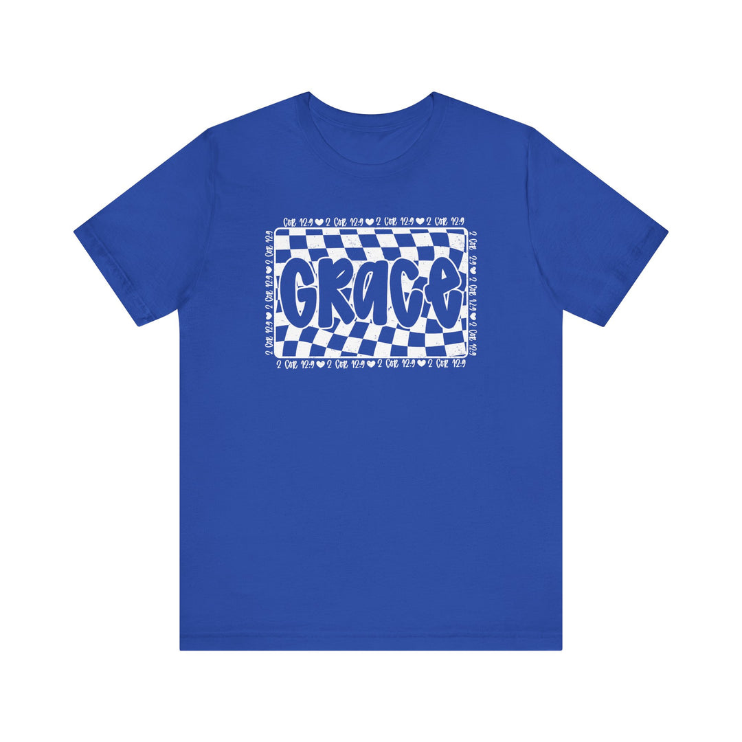 Grace Tee: A soft blue unisex jersey t-shirt featuring white text, designed for comfort with a classic fit and ribbed knit collars for durability.