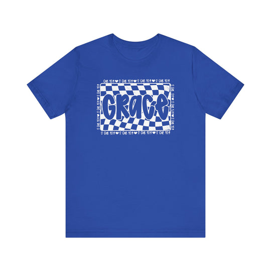 Grace Tee: A soft blue unisex jersey t-shirt featuring white text, designed for comfort with a classic fit and ribbed knit collars for durability.