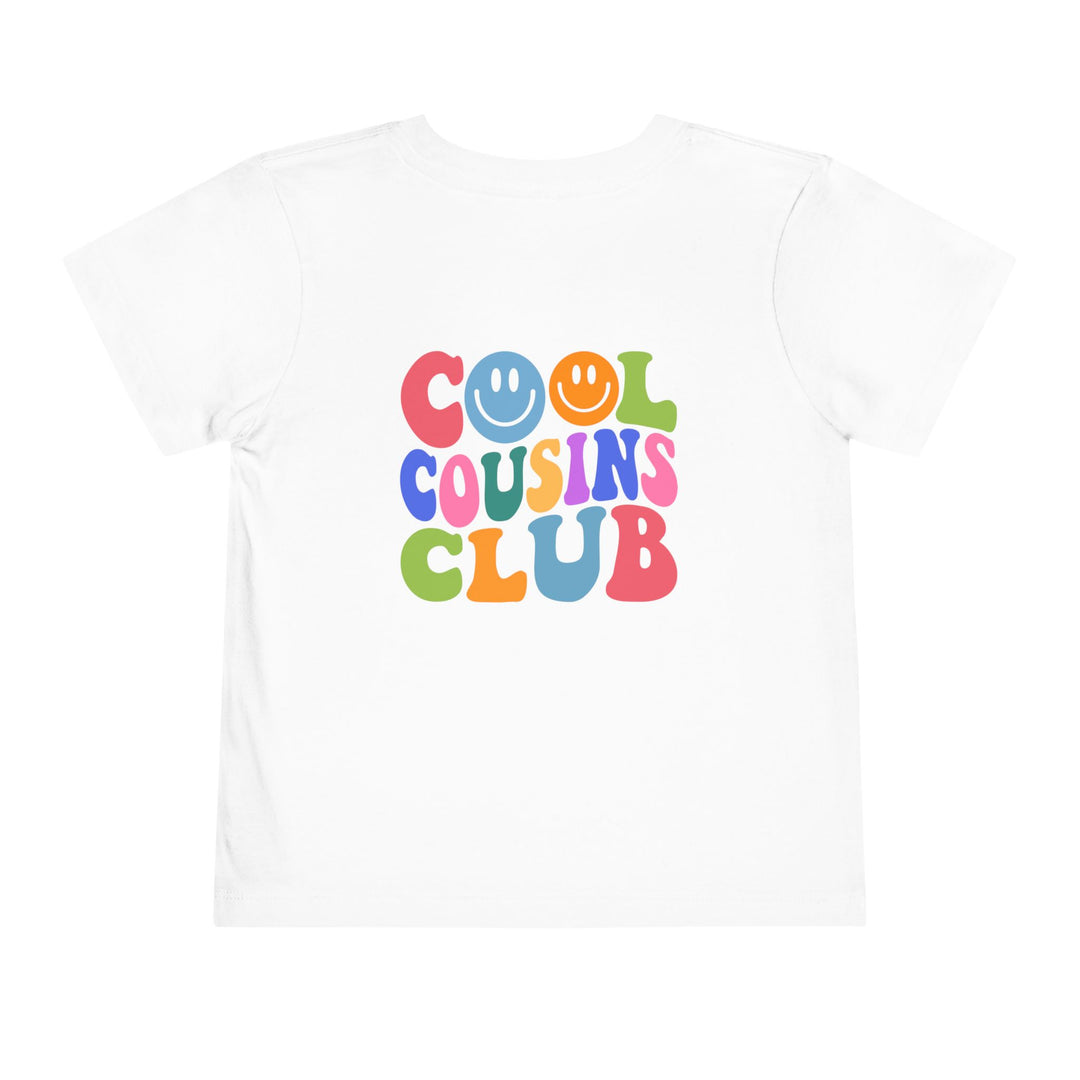 Cool Cousins Club Toddler Tee, featuring a soft, short-sleeved design made from 100% Airlume cotton with a tear-away label for toddler comfort.
