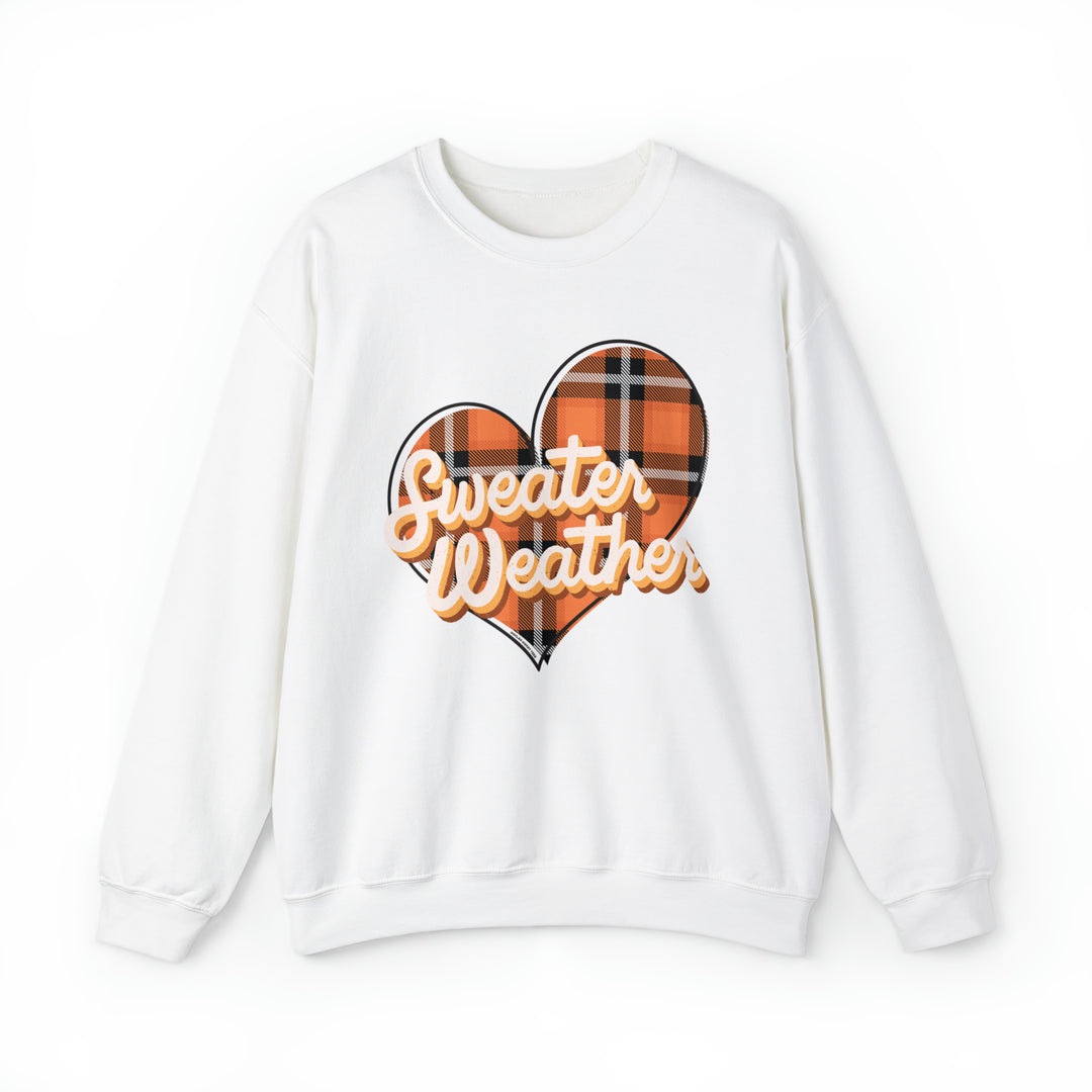 A heavy blend crewneck sweatshirt, the Sweater Weather Crew, in white with a plaid heart design. Unisex, loose fit, ribbed knit collar, polyester-cotton fabric, and no itchy side seams. Ideal comfort for all.