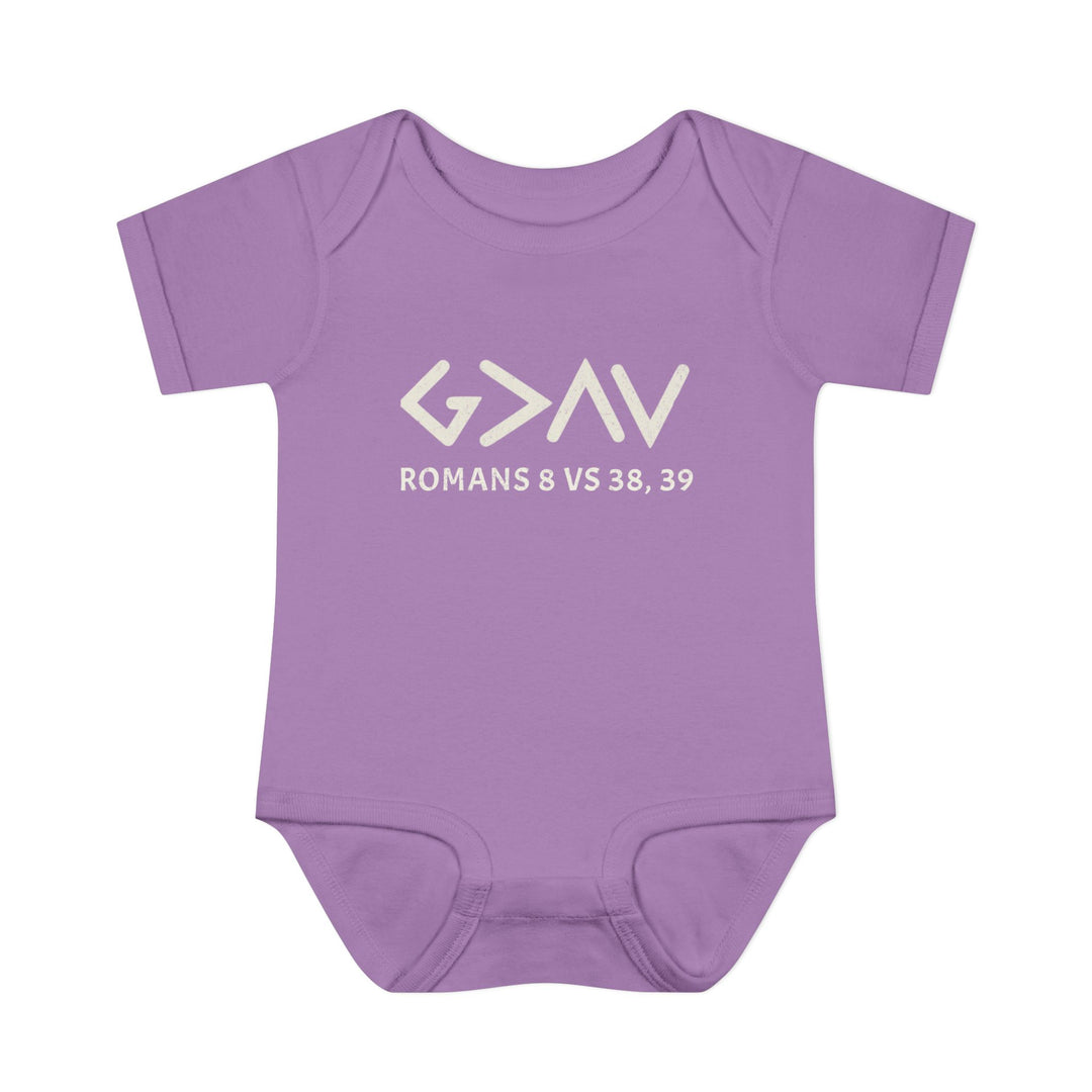 God is Greater Onesie: Purple baby bodysuit featuring white text, crafted from soft, 100% ring-spun cotton. Designed with lap shoulders for easy dressing.
