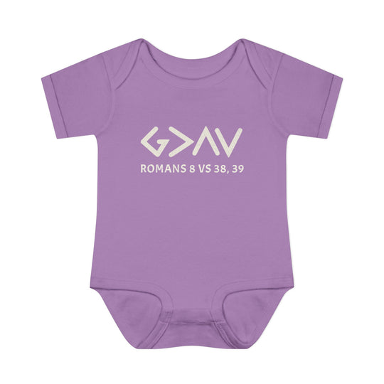 God is Greater Onesie: Purple baby bodysuit featuring white text, crafted from soft, 100% ring-spun cotton. Designed with lap shoulders for easy dressing.