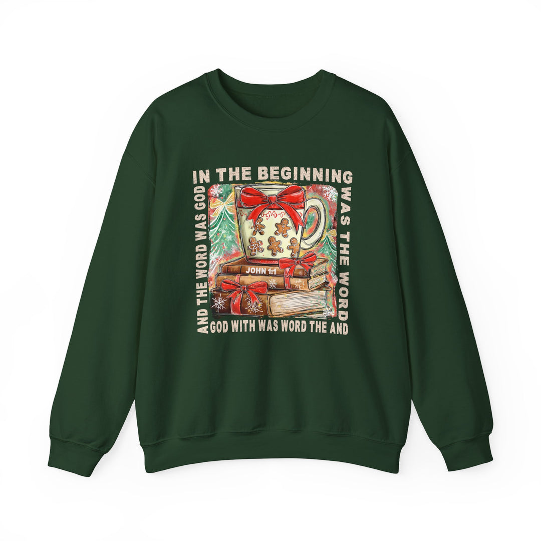 Dark-green crewneck sweatshirt featuring the In the Beginning Crew design with festive graphics and John 1:1 text, ideal for cozy, faith-inspired winter wear.