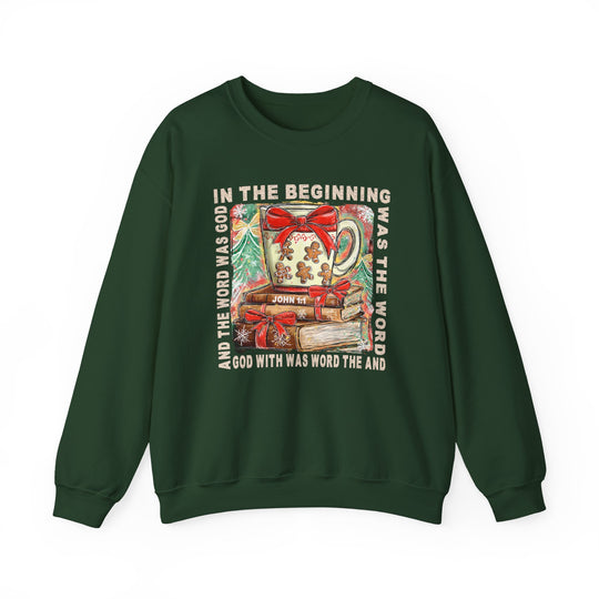 Dark-green crewneck sweatshirt featuring the In the Beginning Crew design with festive graphics and John 1:1 text, ideal for cozy, faith-inspired winter wear.