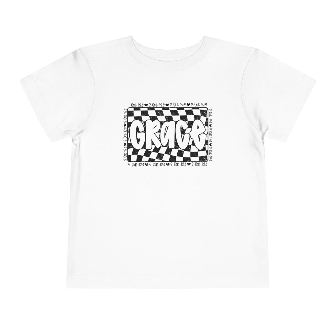 Grace Toddler Tee: A white short sleeve t-shirt featuring a black and white design, perfect for a unique and comfortable addition to any toddler's wardrobe.