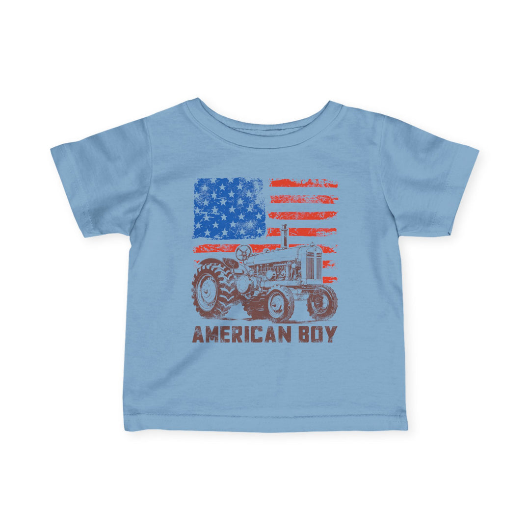 American Boy Baby Tee featuring a distressed American flag and tractor graphic, designed for infants with durable ribbed knitting and soft cotton for comfort.