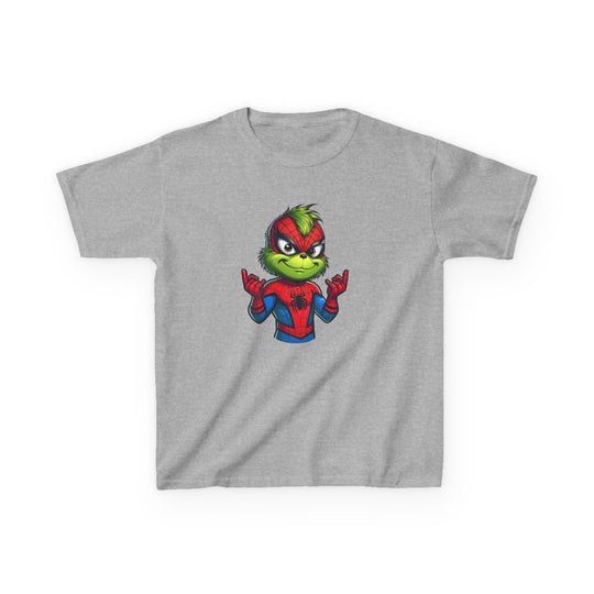 Light-heather-gray kids' tee featuring the Grinch as Spider-Man, making iconic web-shooting gestures. Part of the Christmas Spider Kids Tee collection by Faith Family Designs.