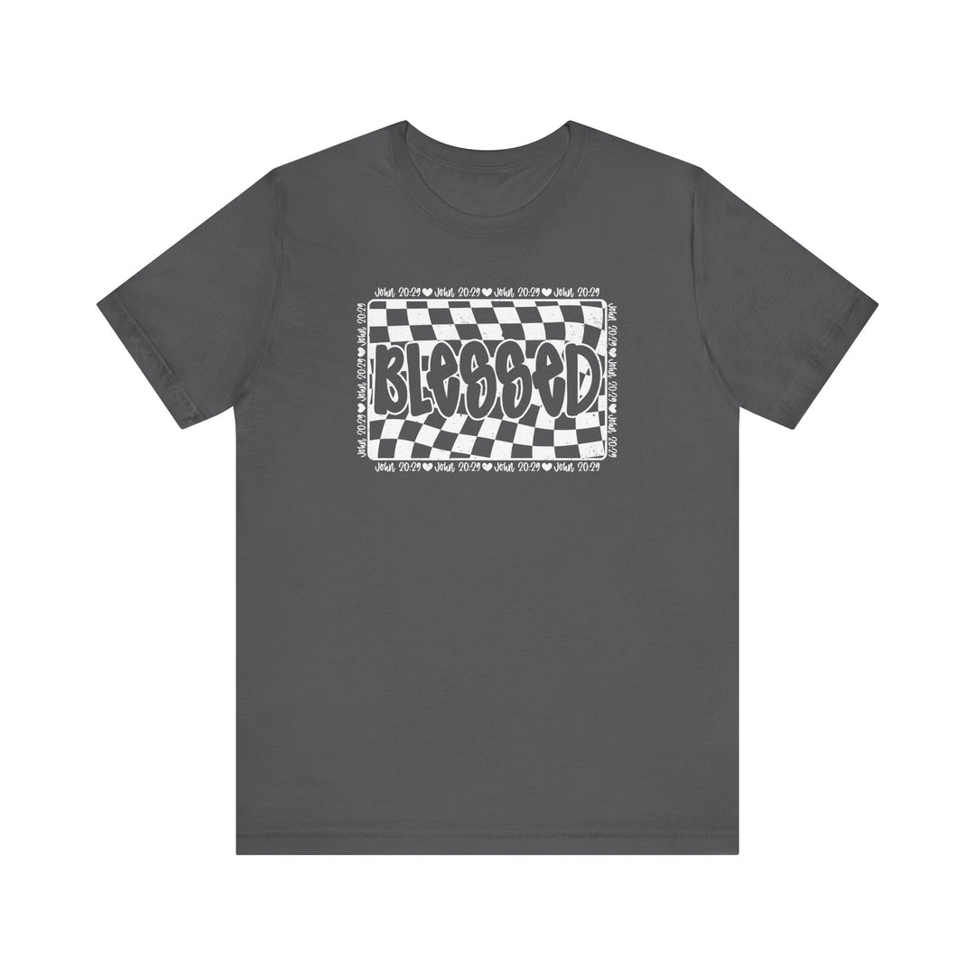 Blessed Tee: Grey unisex jersey t-shirt with black and white checkered design, featuring ribbed knit collars and shoulder taping for a comfortable, lasting fit.
