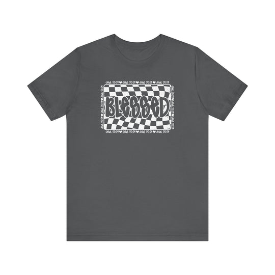 Blessed Tee: Grey unisex jersey t-shirt with black and white checkered design, featuring ribbed knit collars and shoulder taping for a comfortable, lasting fit.