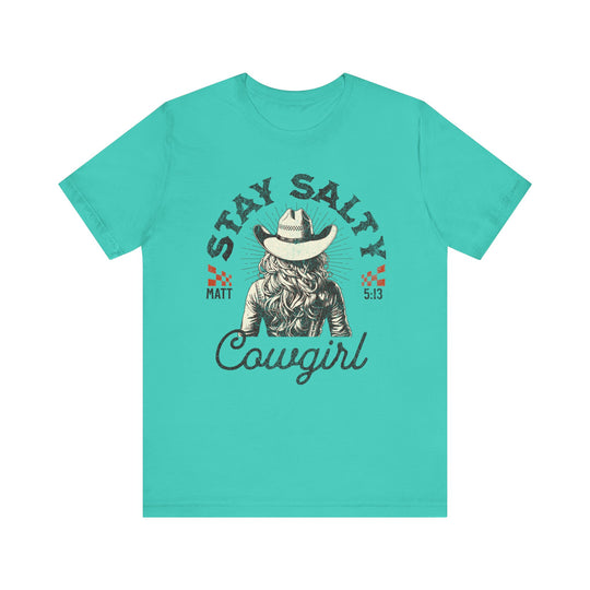 Stay Salty Tee featuring a cowboy hat and woman graphic, crafted from soft cotton for a comfortable fit with ribbed knit collars and durable stitching.