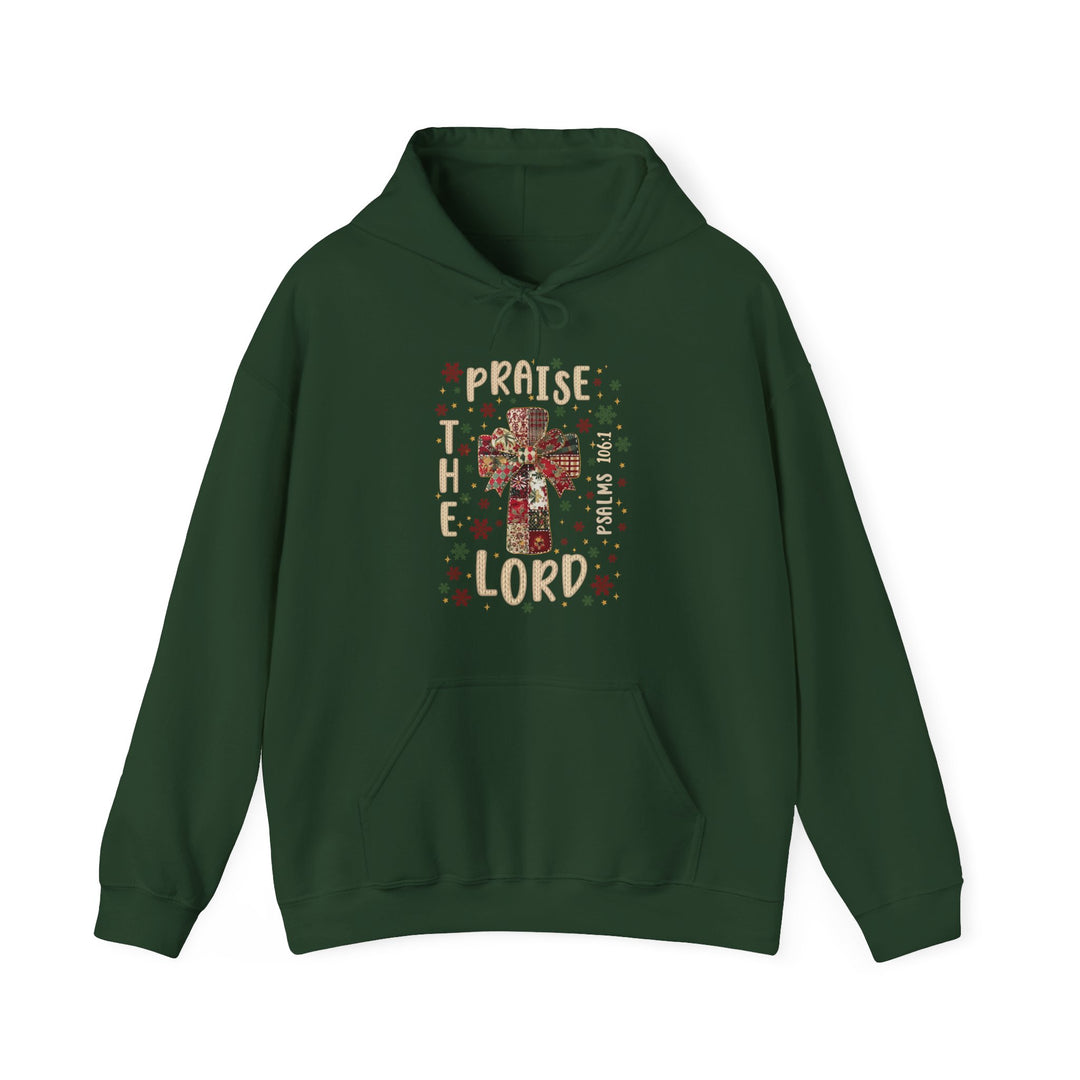 Dark-green hooded sweatshirt featuring a patchwork-style cross with Praise the Lord and Psalms 106:1, emphasizing faith-themed design from Faith Family Designs.
