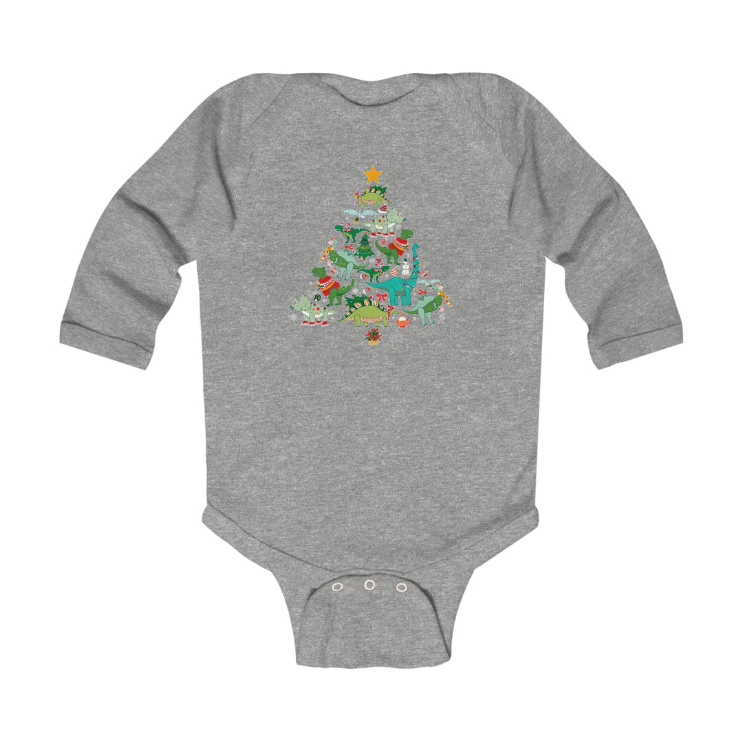 Baby Dino Tree Onesie features a festive dinosaur Christmas tree design on a gray long-sleeve bodysuit, combining comfort and holiday cheer for infants.