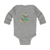 Baby Dino Tree Onesie features a festive dinosaur Christmas tree design on a gray long-sleeve bodysuit, combining comfort and holiday cheer for infants.